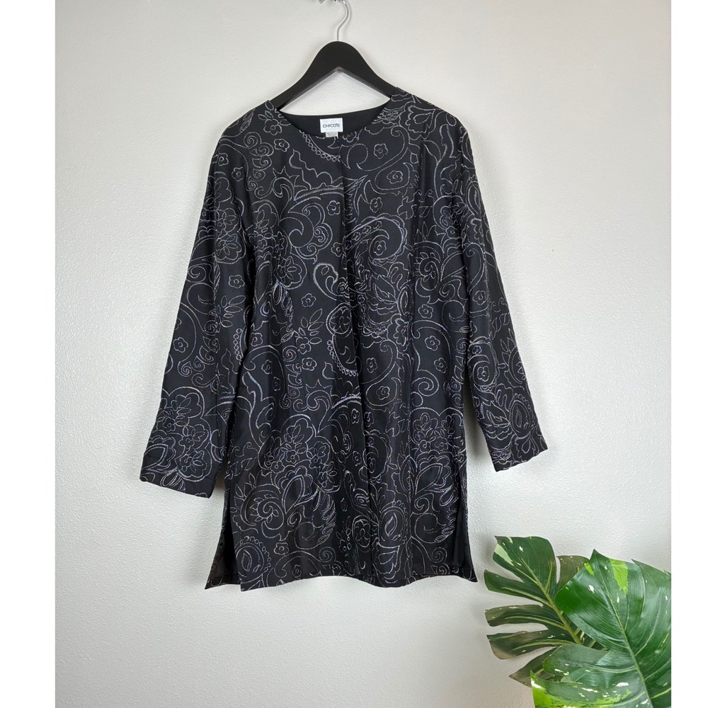 Vtg Chico's Jacket Topper 3/XL 100% Silk Black Silver Floral Duster Formal